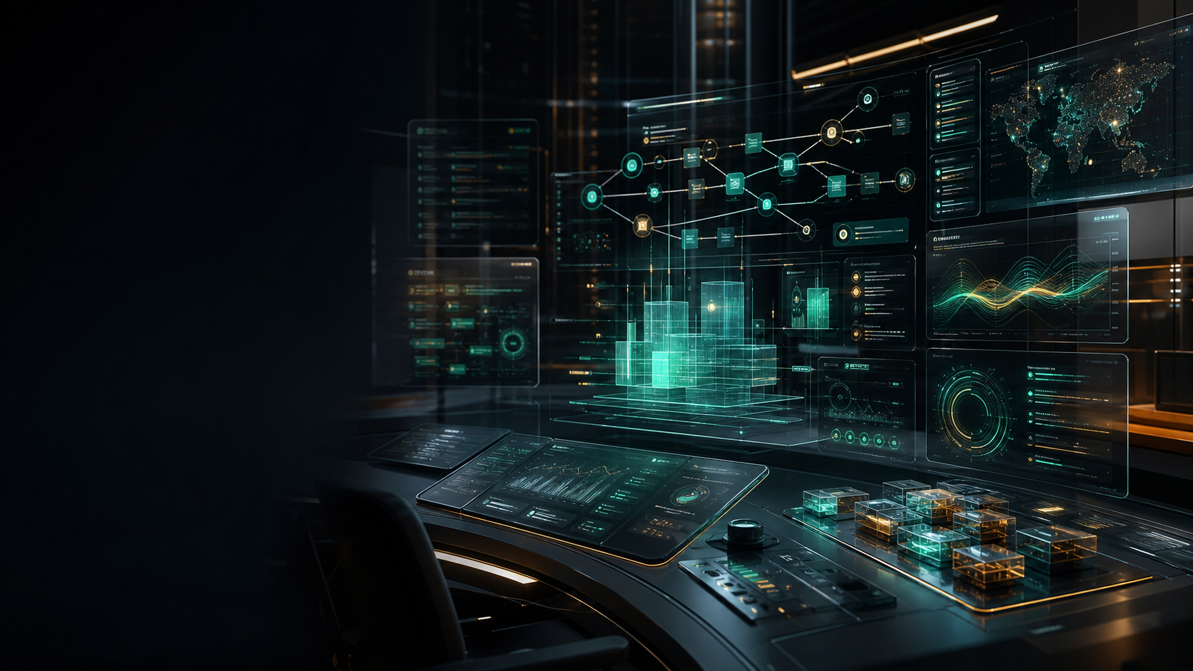 AI command cockpit with dashboards and enterprise transformation signals